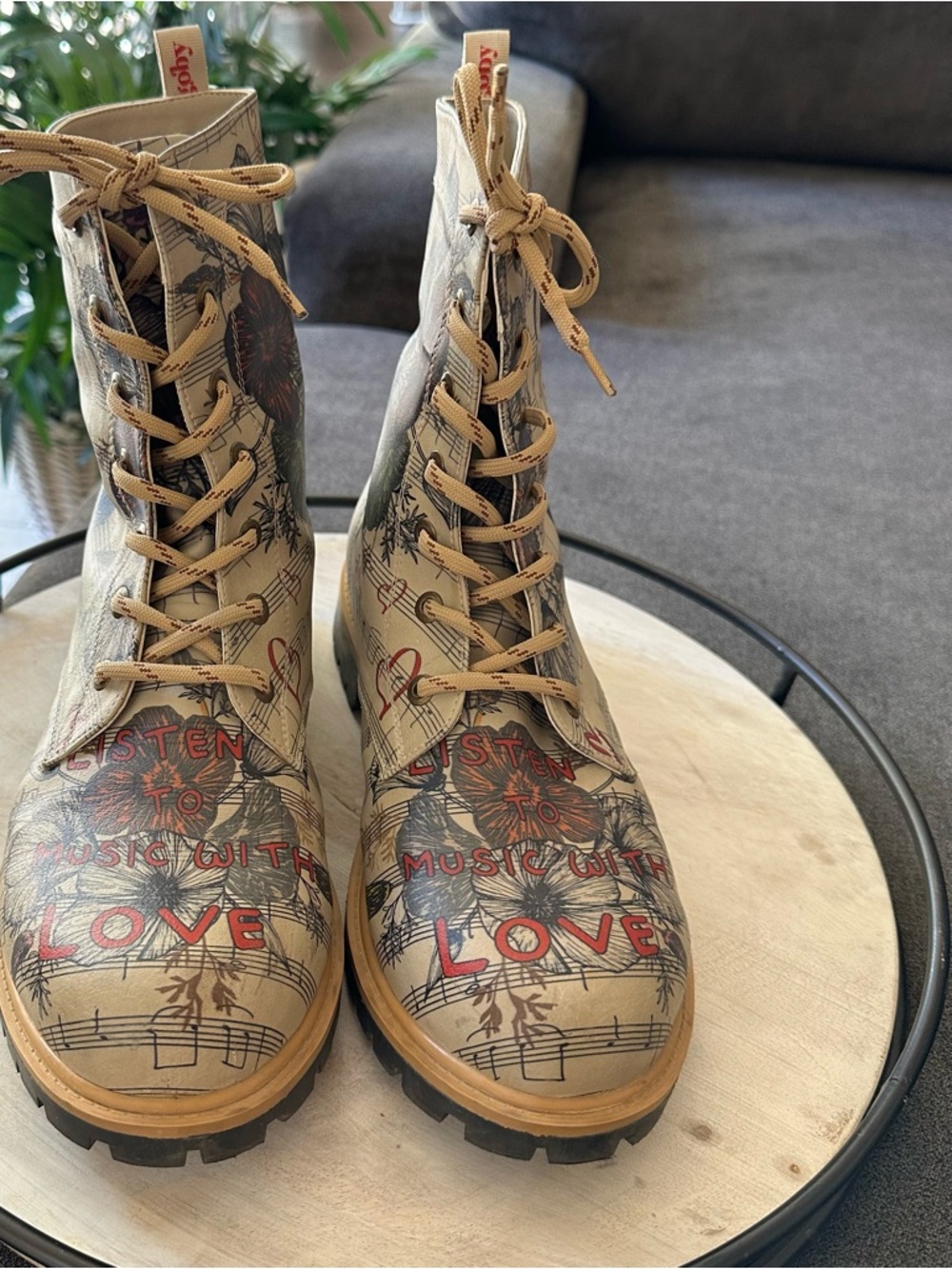 Goby Lace-Up Combat Boots “Listen to music with love” Print Women’s size 42